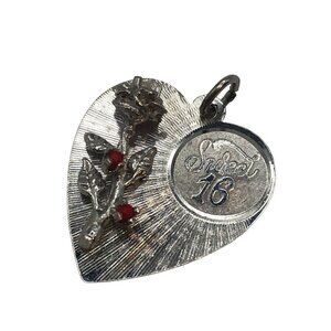 Vintage Elco Sterling Silver Sweet Sixteen Charm Pendant Rose Heart 925